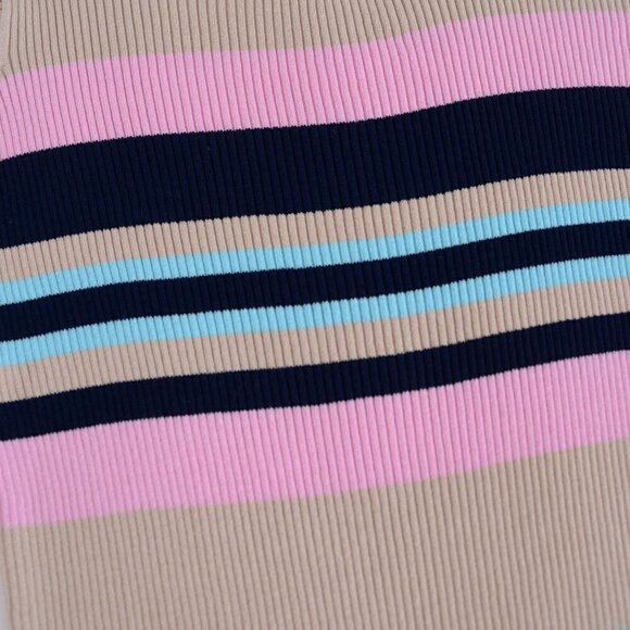 All Row Beige with Navy & Pink Stripe Bodycon Midi Short Sleeve Dress Medium - Picture 14 of 15